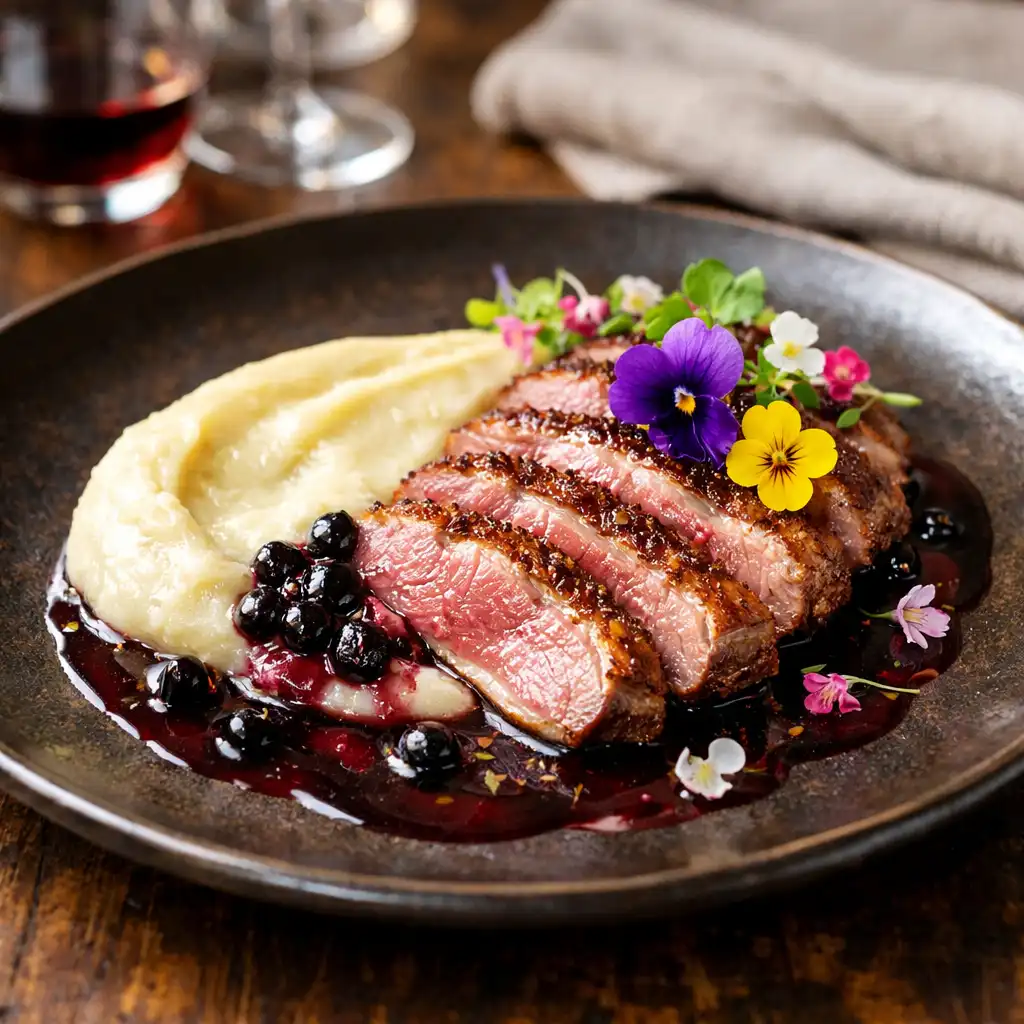 Plat bistronomique du Comptoir Sureau : magret de canard rosé, purée de céleri et sauce au sureau