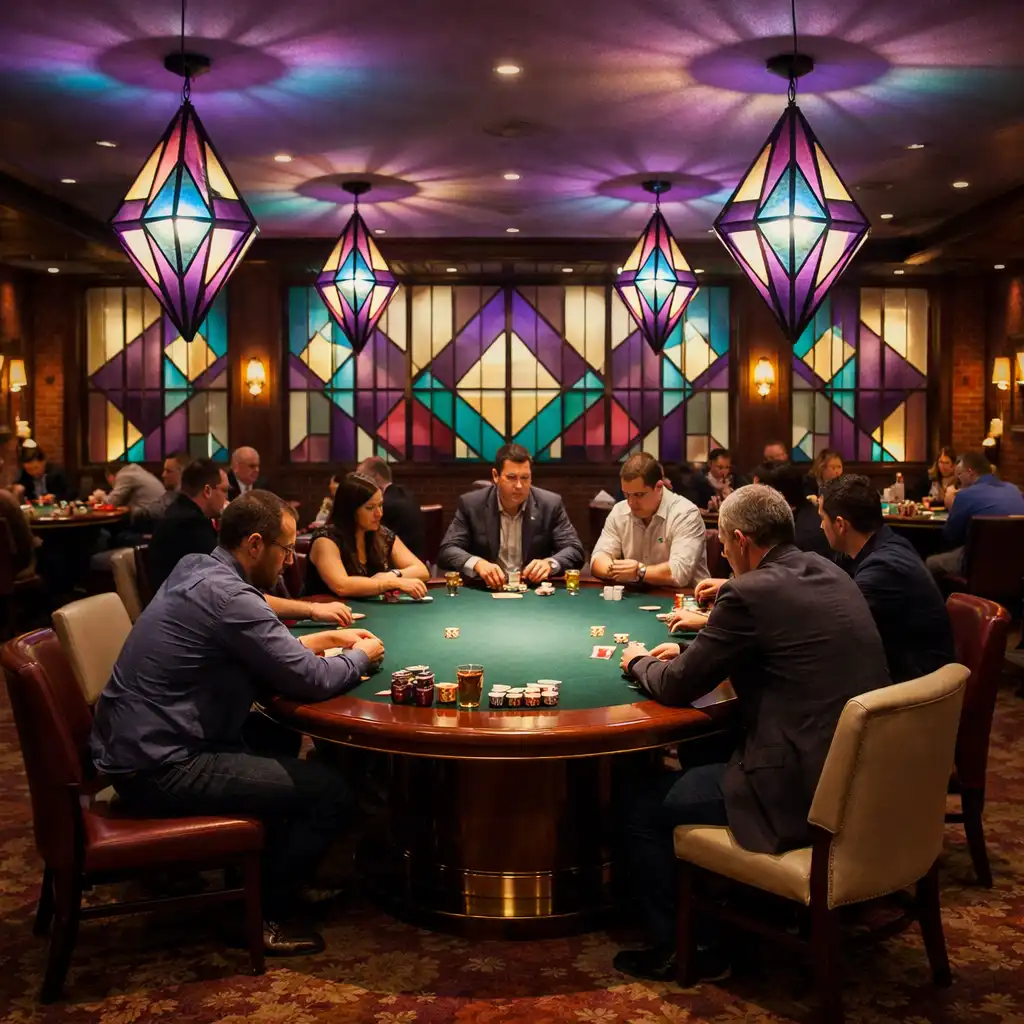 Card room élégante avec tables de poker en bois et luminaires en losanges colorés