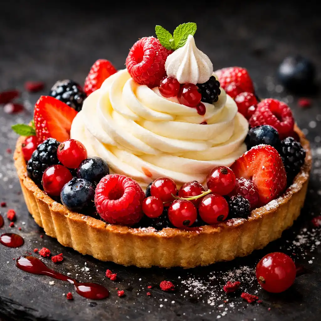 Tarte aux fruits rouges avec crème, dessert signature de Comptoir Sureau