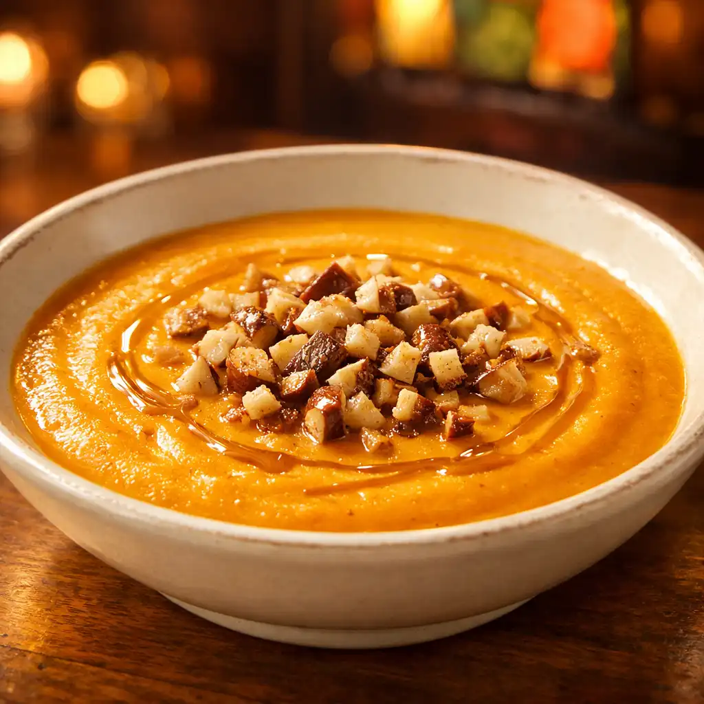 Velouté de potimarron onctueux garni de châtaignes et d'huile de noisette