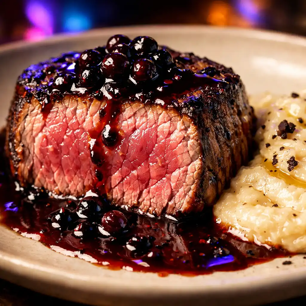 Filet de bœuf aux épices du croupier, tranché et nappé de réduction de vin rouge, accompagné de purée de céleri-rave truffée
