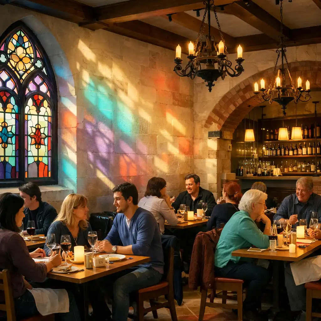 Vue d’ensemble du restaurant Comptoir Sureau avec clients attablés et lumière colorée des vitraux