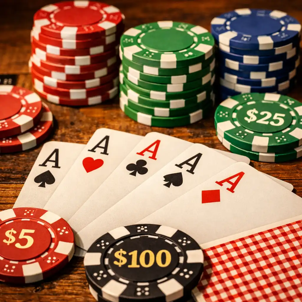 Gros plan sur des cartes à jouer et des jetons de poker sur une table en bois