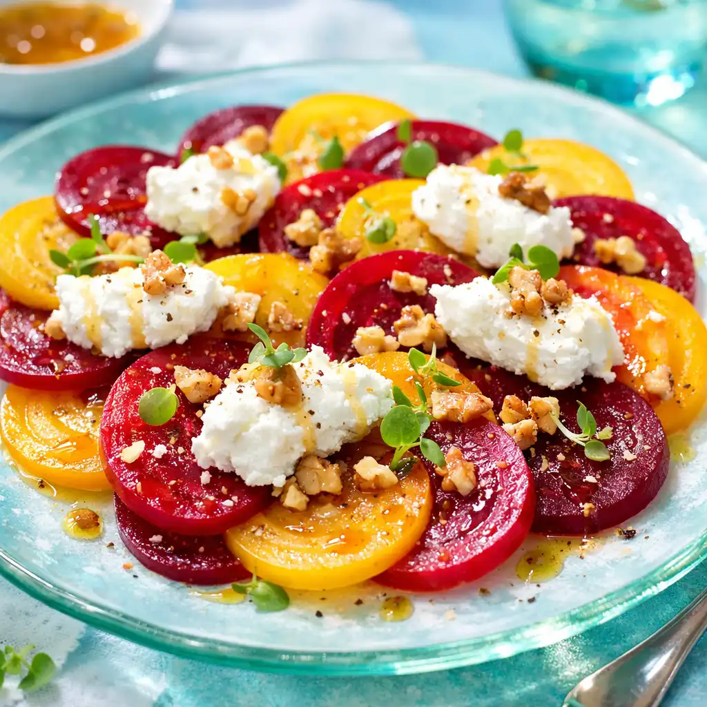 Carpaccio de betteraves et chèvre frais avec éclats de noix et vinaigrette au miel