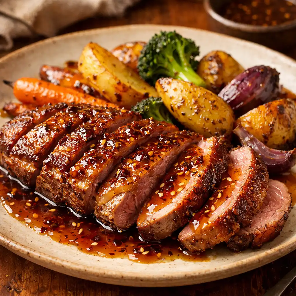 Magret de canard rôti, tranché et nappé de sauce au miel et aux épices, avec légumes rôtis