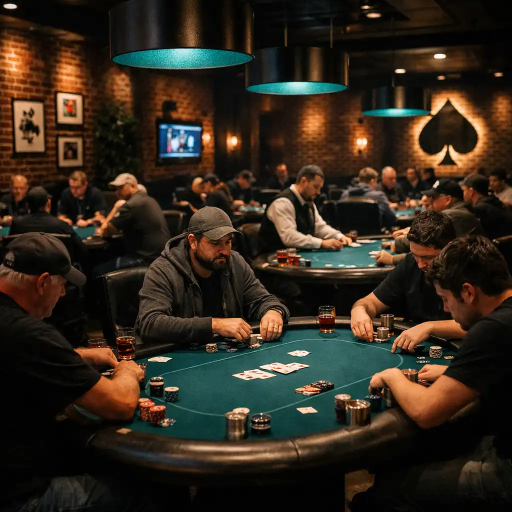 Salle de poker dédiée avec plusieurs tables et joueurs concentrés
