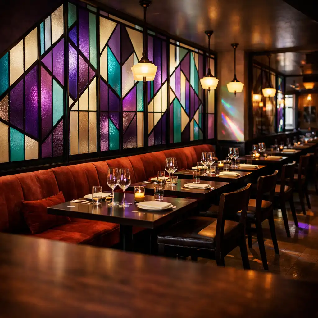 Intérieur du restaurant Comptoir Sureau avec cloisons en vitrail géométrique et banquettes en velours rouge brique