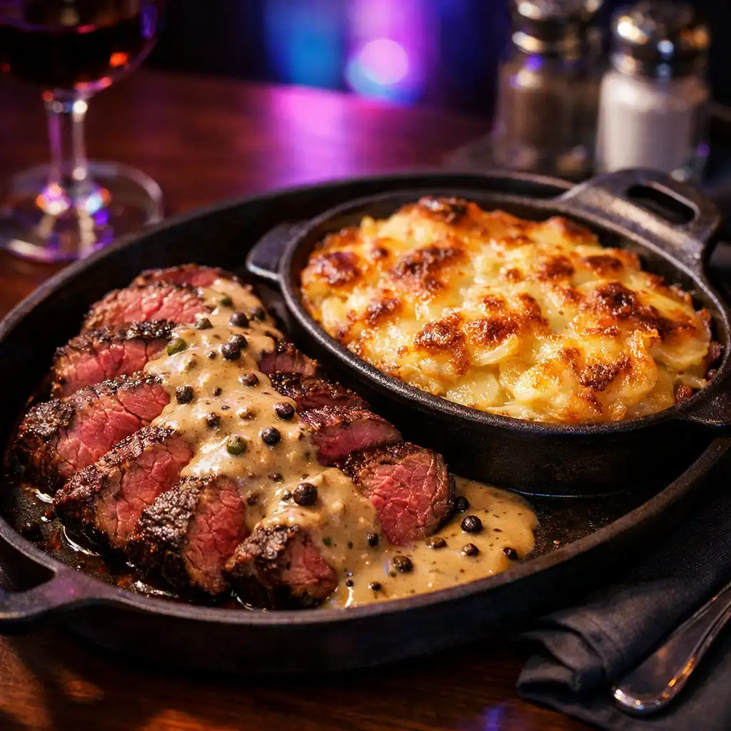 Filet de bœuf grillé avec sauce au poivre et gratin dauphinois