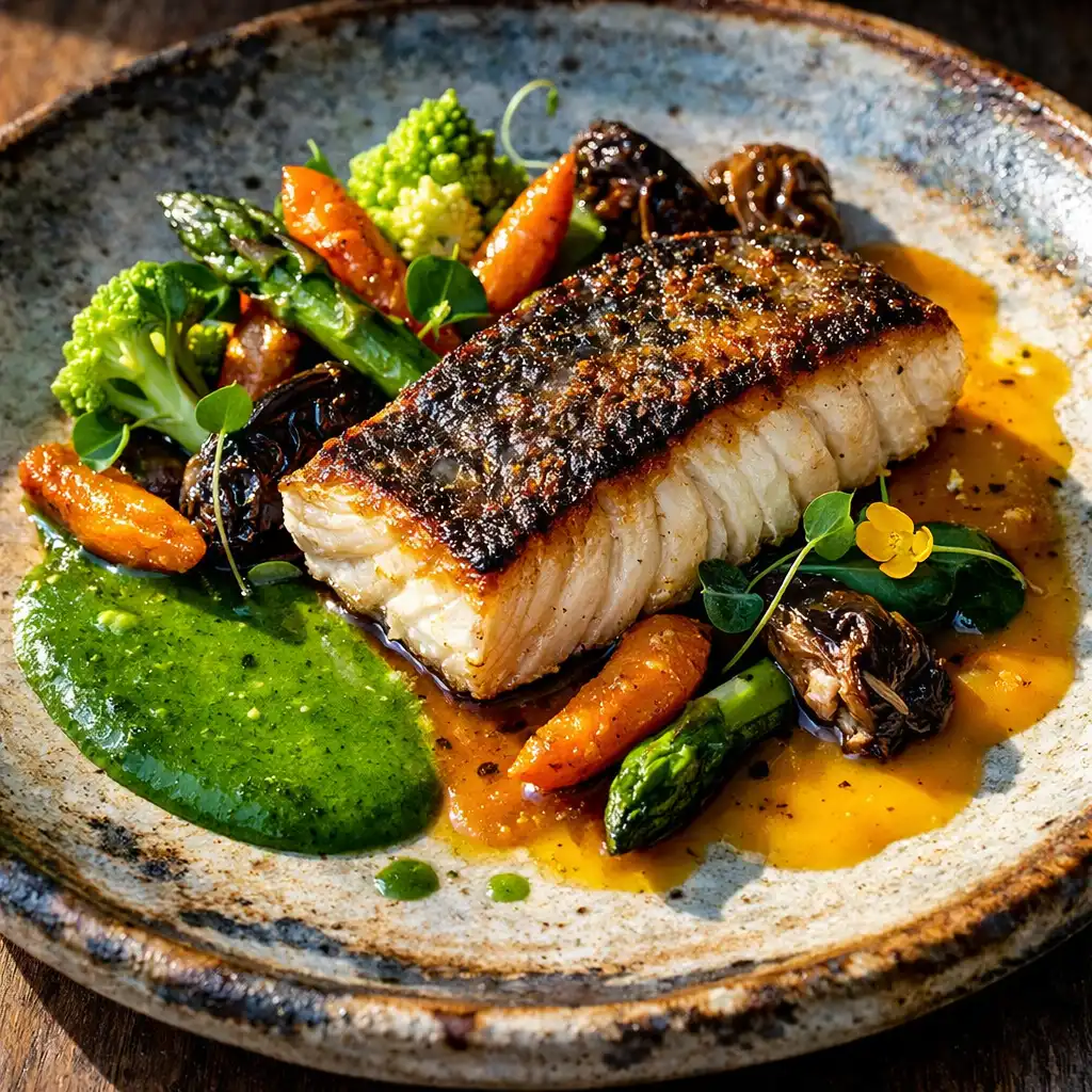 Poisson avec légumes de saison et sauce colorée, plat signature de Comptoir Sureau