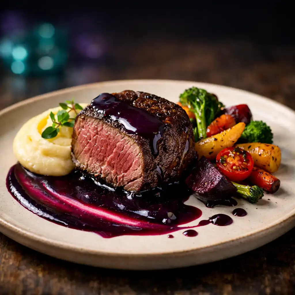 Filet de bœuf sauce au sureau avec légumes rôtis, plat signature du Comptoir Sureau