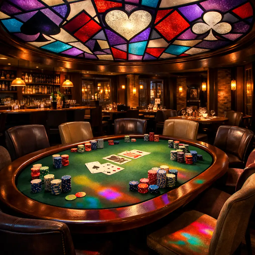 Vue d'ensemble de la poker room du Comptoir Sureau avec table de poker, cartes, jetons et plafond en vitrail coloré
