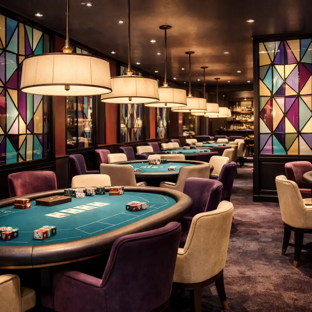 Intérieur de la poker room du Comptoir Sureau avec tables de poker et cloisons vitrées colorées