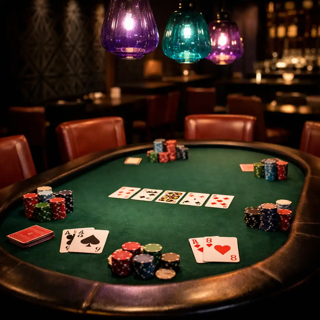 Poker room du Comptoir Sureau avec table de poker, cartes et jetons sous un éclairage tamisé