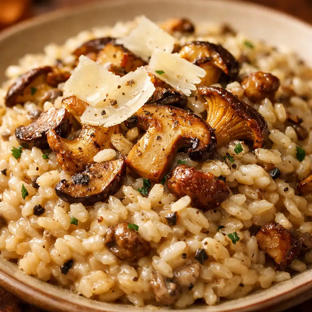 Risotto crémeux aux champignons des bois et truffe, avec copeaux de parmesan