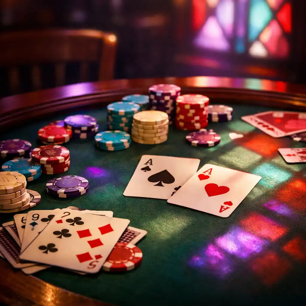 Table de poker en bois massif avec cartes et jetons colorés, éclairée par des vitraux géométriques