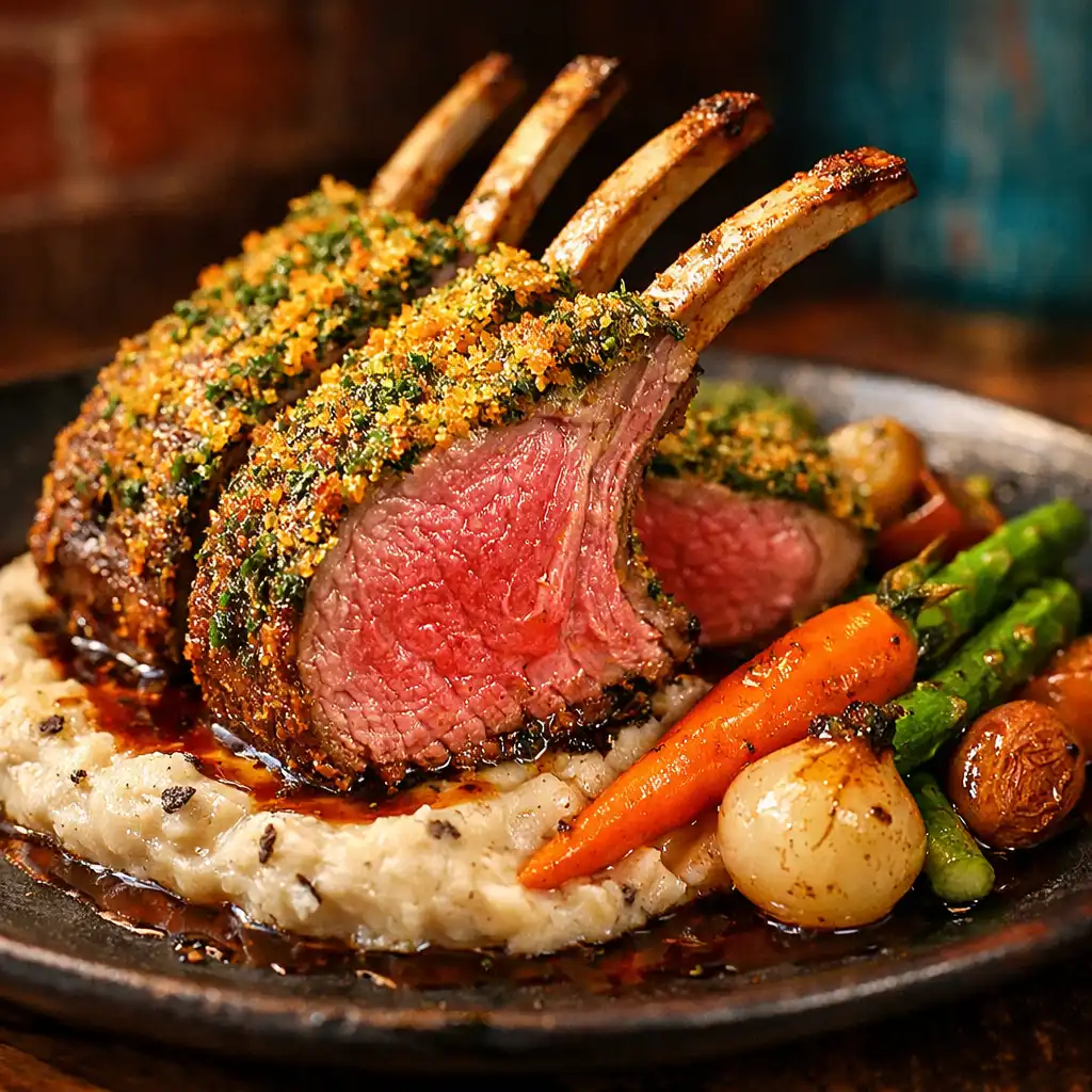 Carré d'agneau en croûte d'herbes sur purée à la truffe