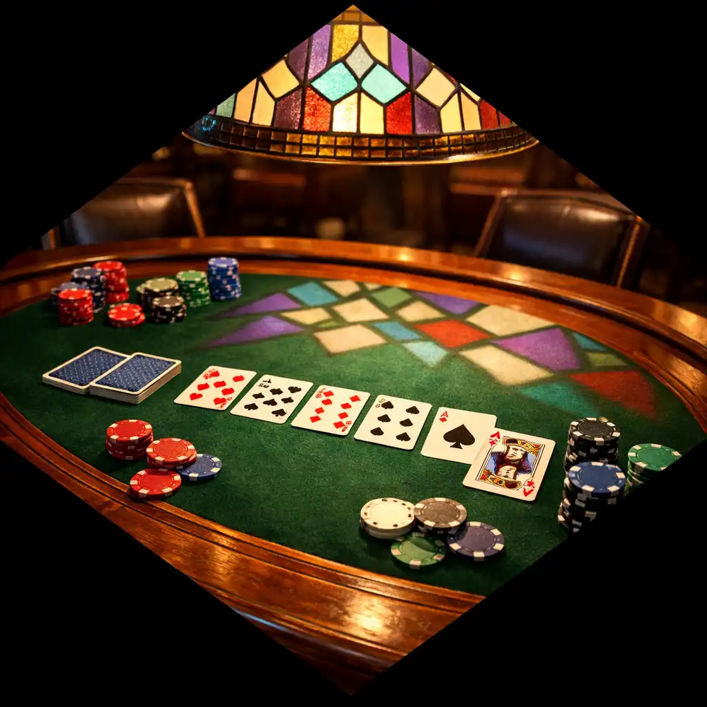 Table de poker en bois massif avec cartes et jetons sous un éclairage chaleureux