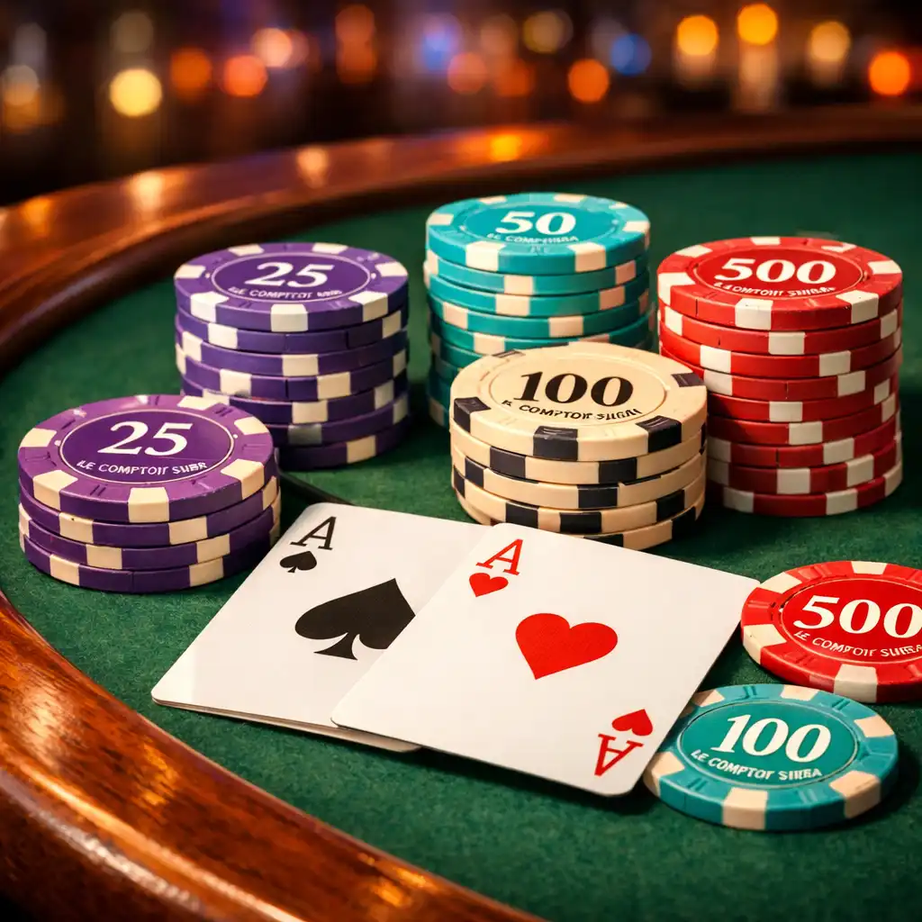 Gros plan sur une table de poker professionnelle avec cartes et jetons aux couleurs du Comptoir Sureau