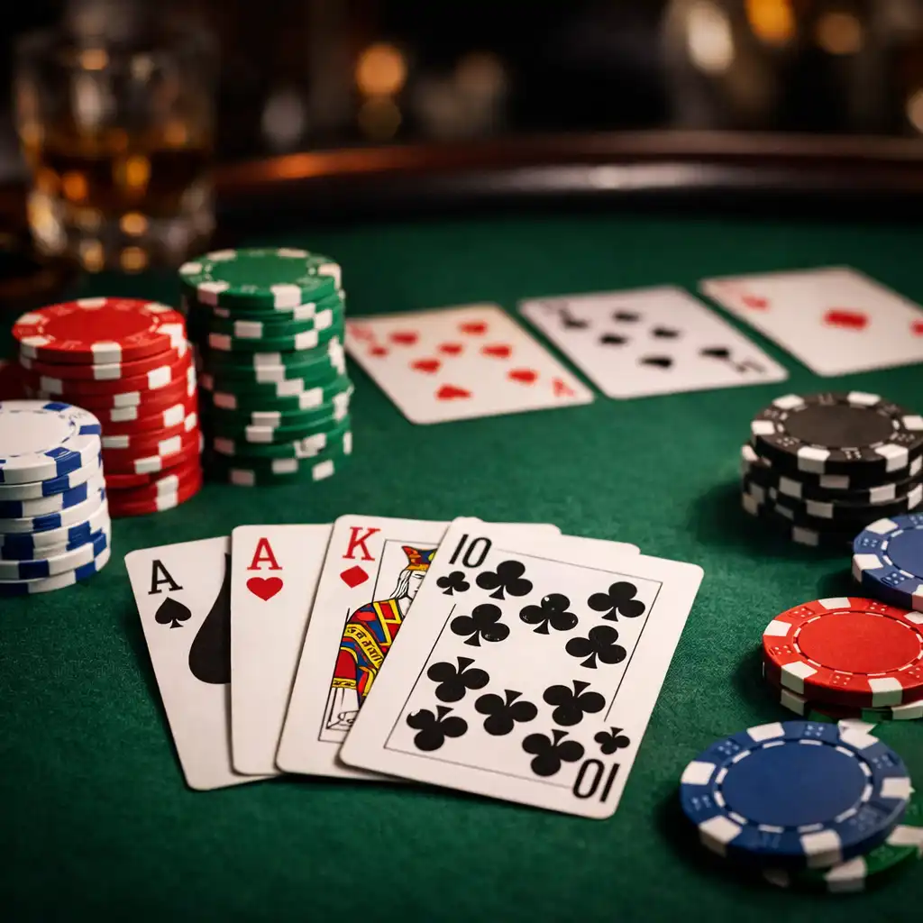 Table de poker physique avec cartes et jetons colorés